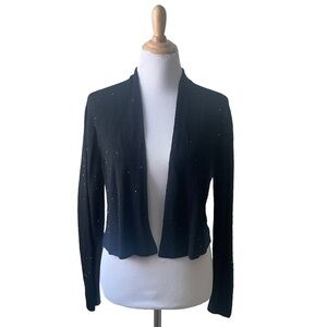 Eileen Fisher Beaded Fine Merino Wool Crepe Black Crop Cardigan Medium Crystal